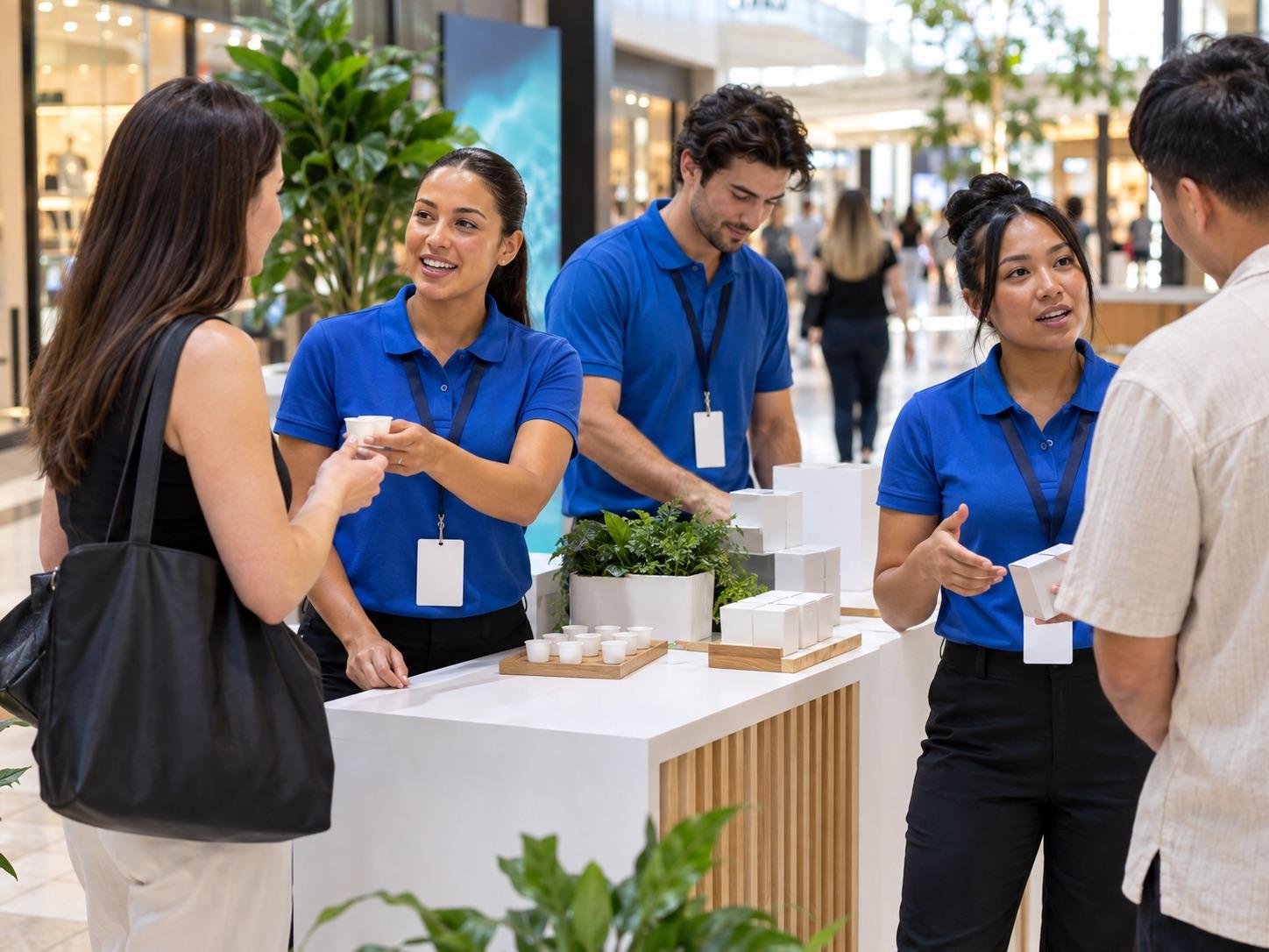Brand ambassadors engaging visitors at a retail activation.