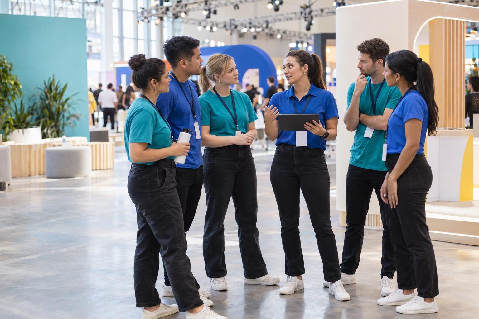 Promotional staff receiving a team briefing before a consumer event.