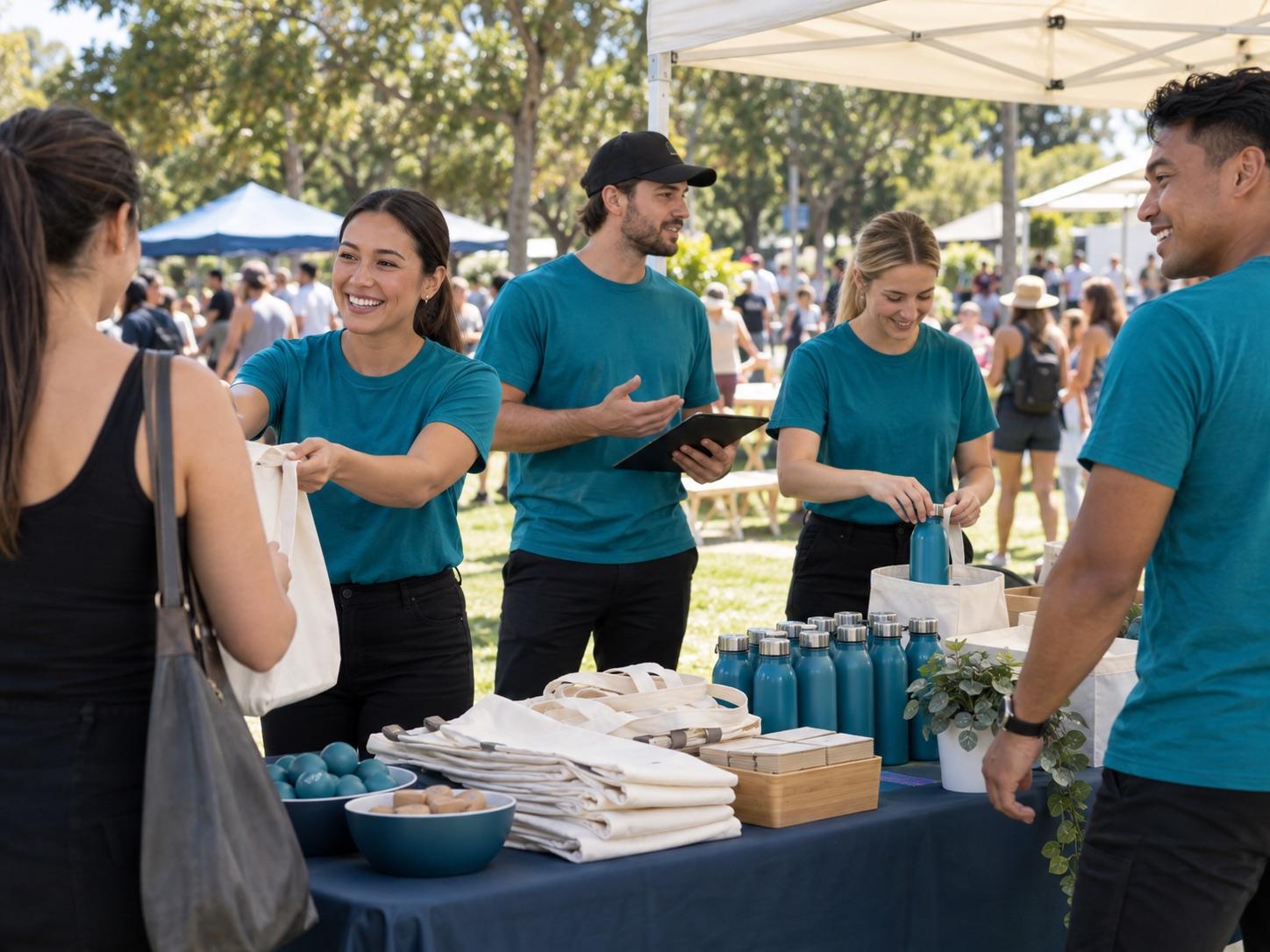 Promotional staff welcoming visitors at an outdoor event.