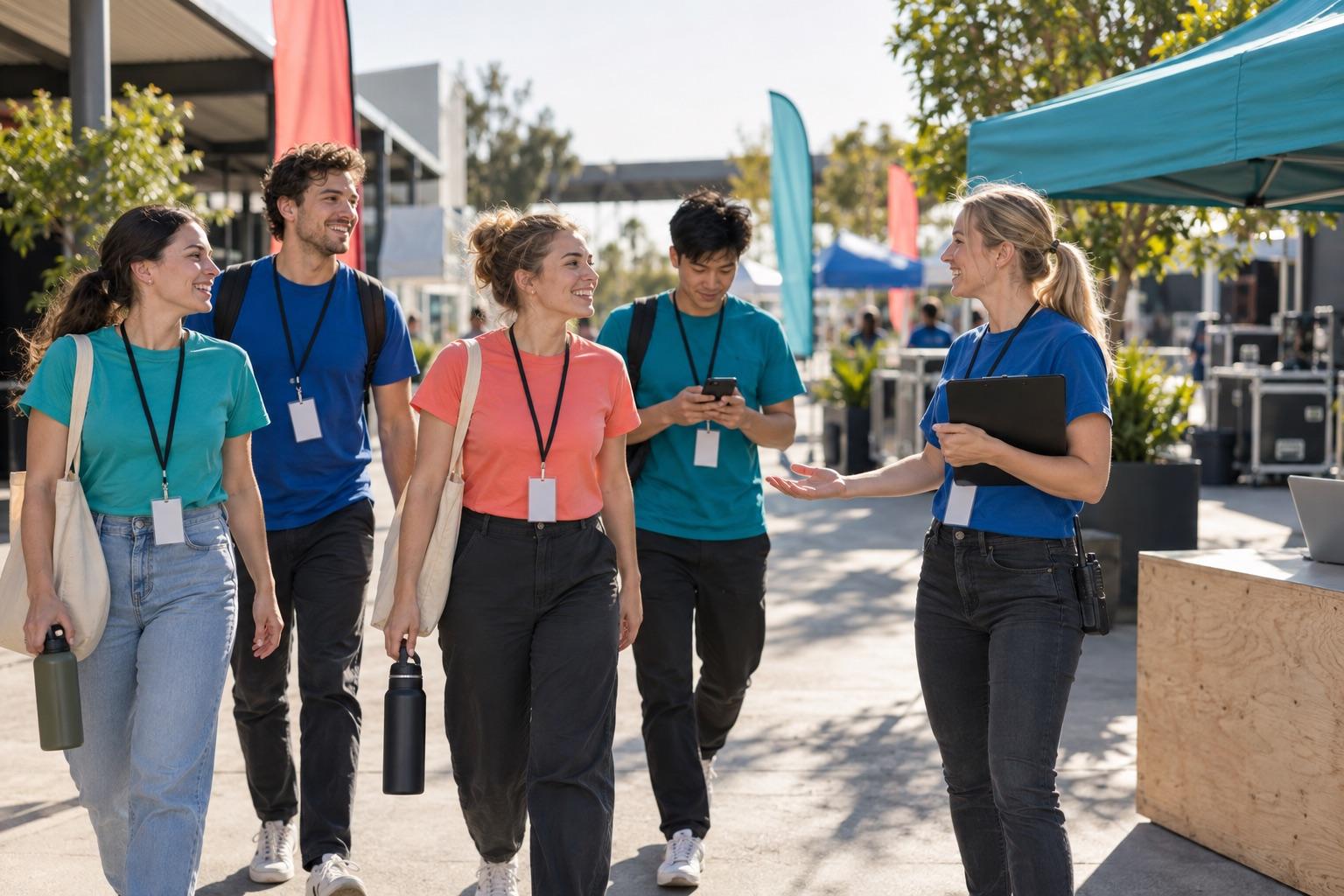 Promotional staff arriving and checking in for an outdoor activation.